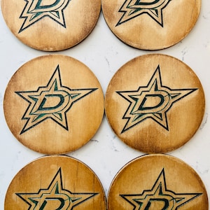 Laser-Engraved Wood Dallas Stars Hockey Coasters with Holder