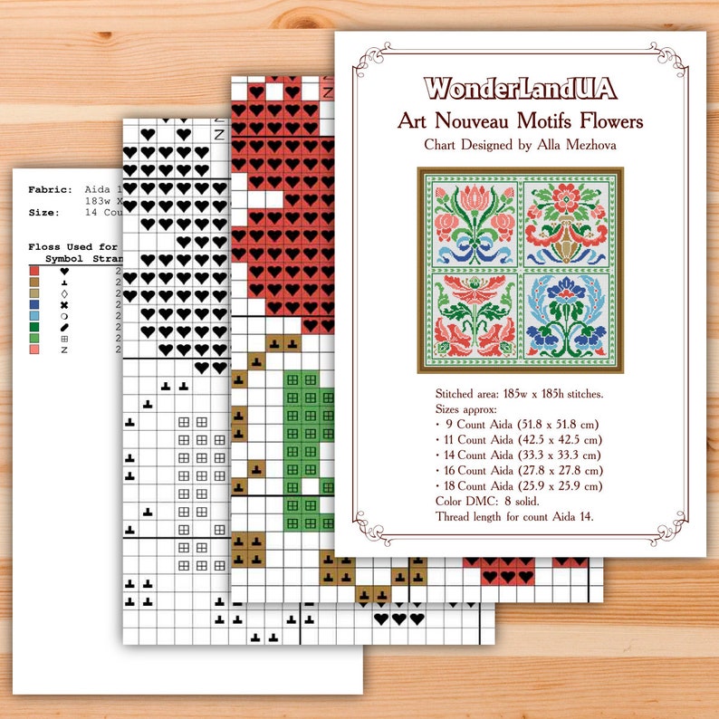 Vintage Floral Cross Stitch Pattern, Art Nouveau Embroidery Design