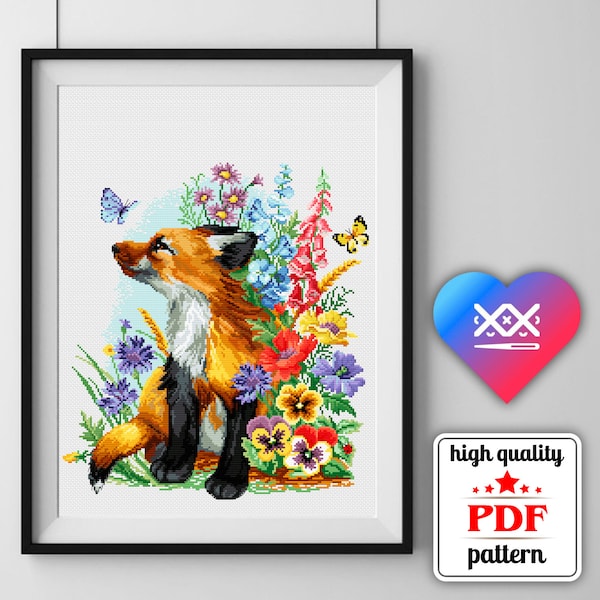 PDF Fox Embroidery Pattern, Little Fox Cross Stitch Chart, Animal Home Decor, DIY Floral Wall Art,  Kids Room Decor, Gift for Mother