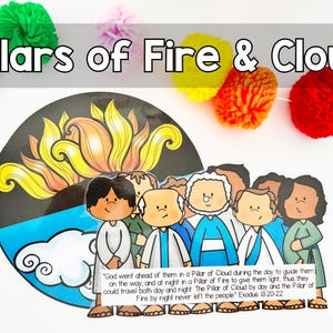 Puede incluir: Una ilustración colorida de una columna de fuego y una columna de nube, con una cita de Éxodo 3:20-22. La ilustración presenta a un grupo de personas de pie frente a las columnas, con un cielo azul y nubes blancas en el fondo.