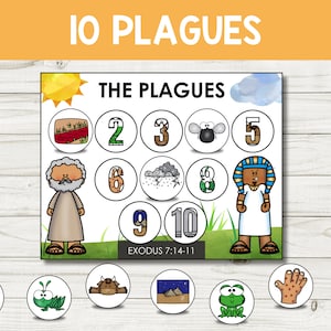 May include: A colourful educational chart with the title "10 PLAGUES" and the text "THE PLAGUES" and "EXODUS 7:14-11". The chart features a numbered list of the 10 plagues of Egypt, with illustrations of each plague. The chart is designed for children to learn about the biblical story of the plagues.