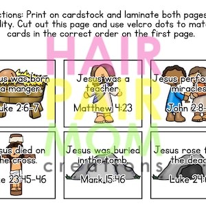 May include: Educational cards with illustrations depicting scenes from the Bible. The cards show Jesus's birth, teachings, miracles, death, burial, and resurrection. Each card includes a Bible verse reference. The text on the cards reads: Jesus was born in a manger, Jesus was a teacher, Jesus performed miracles, Jesus died on the cross, Jesus was buried in the tomb, and Jesus rose from the dead.