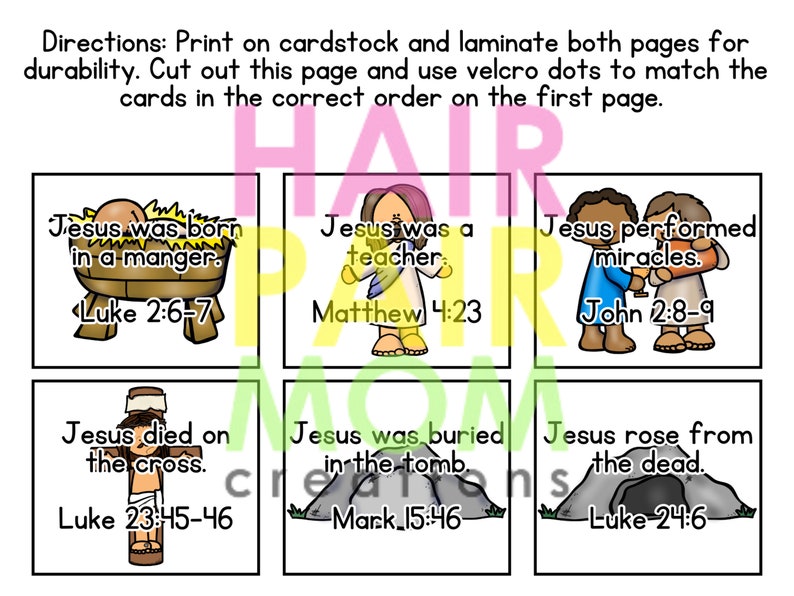 May include: Educational cards with illustrations depicting scenes from the Bible. The cards show Jesus's birth, teachings, miracles, death, burial, and resurrection. Each card includes a Bible verse reference. The text on the cards reads: Jesus was born in a manger, Jesus was a teacher, Jesus performed miracles, Jesus died on the cross, Jesus was buried in the tomb, and Jesus rose from the dead.