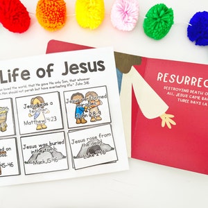May include: A children's book and a printed page with illustrations about the life of Jesus. The book is red with the word "Resurrection" and the printed page has the title "The Life of Jesus". Colorful pom-poms are strung across the top.