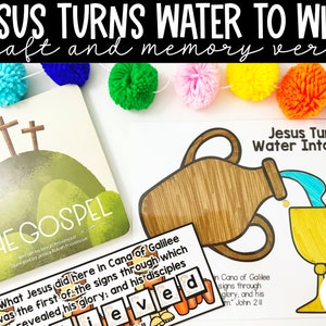Inglés Y español Jesús convierte el agua en vino Manualidad con rueda bíblica para niños, Manualidad del milagro de Jesús, Manualidad de escuela dominical, Actividad de educación en el hogar
