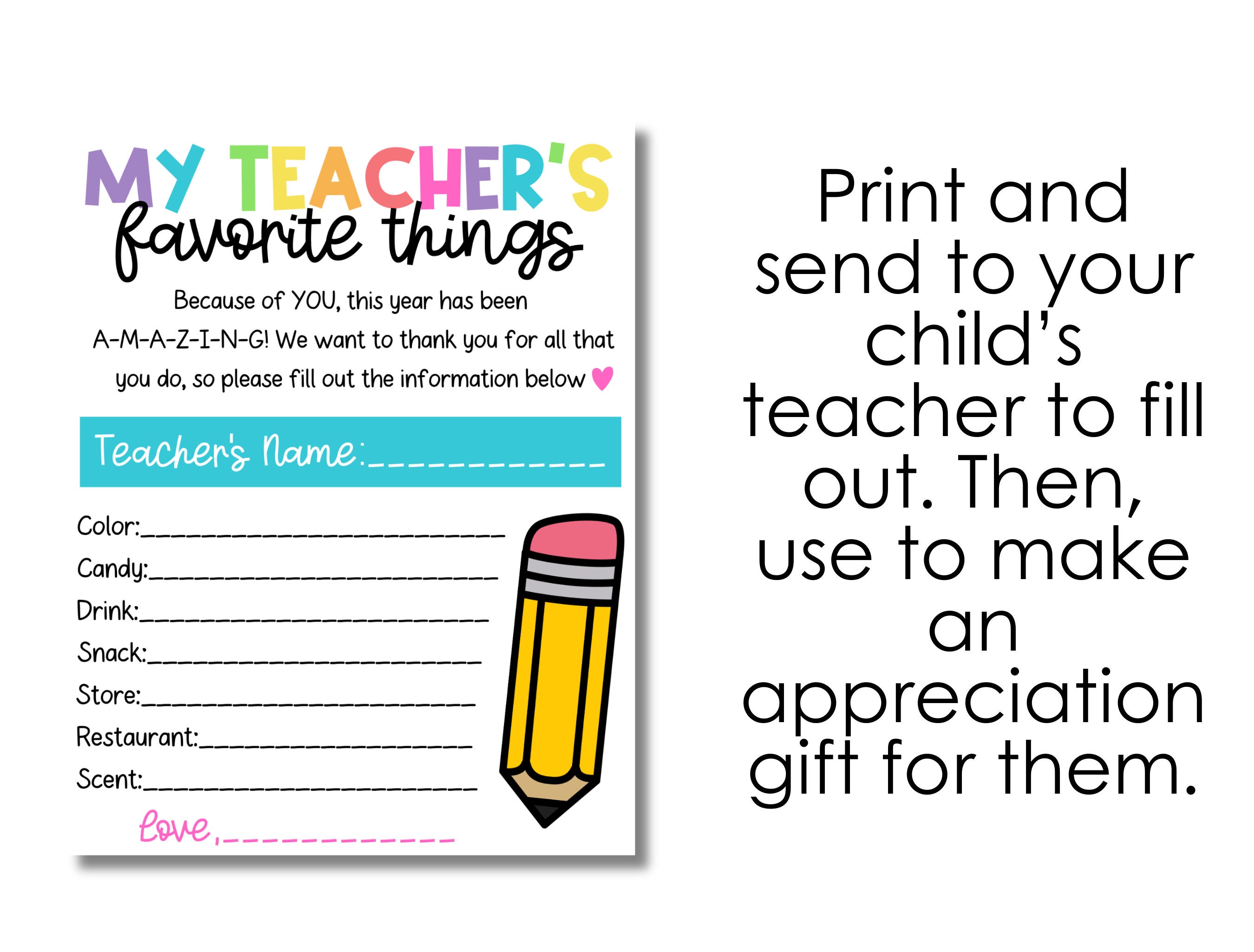 Teacher Appreciation Gift: Favorite Things Printable (digital Download ...