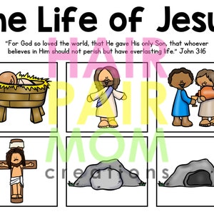 May include: A colorful illustration titled "The Life of Jesus" with six panels depicting scenes from the Bible. The text includes a quote from John 3:16. The panels show a baby in a manger, Jesus, people sharing a cup, Jesus on the cross, and an empty tomb.