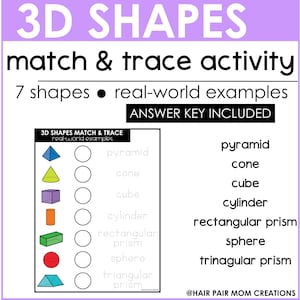 3D Shapes Printable Matching Game, Three Dimensional Shape Trace & Match, Preschool Kindergarten Curriculum, Homeschool Busy Binder Activity