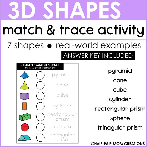 3D Shapes Printable Matching Game, Three Dimensional Shape Trace & Match, Preschool Kindergarten Curriculum, Homeschool Busy Binder Activity