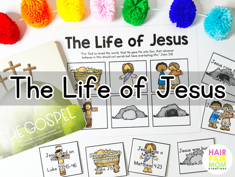May include: A colorful educational set titled "The Life of Jesus" with illustrations depicting key events from the Bible. Includes a book, cards, and a decorative pom-pom garland. The text includes Bible verses and event descriptions.