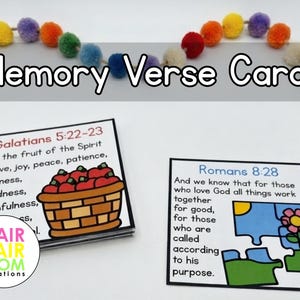 May include: A set of square memory verse cards featuring text and illustrations, including a basket of apples and a puzzle piece flower. The cards are displayed with a colourful pom-pom garland and the text Memory Verse Cards at the top.