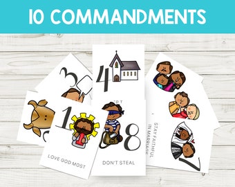May include: Ten colorful cards with numbers 1 through 8, a church, and a bull. Each card has a different illustration and a phrase related to the Ten Commandments. The phrases include "Love God Most", "Don't Steal", and "Stay Faithful in Marriage".