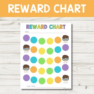 Puede incluir: Un gráfico de recompensas imprimible con un tema de superhéroes. El gráfico tiene un espacio para un nombre, 20 círculos para colorear y un espacio para un premio. Los círculos son morados, azules, verdes, naranjas y amarillos.
