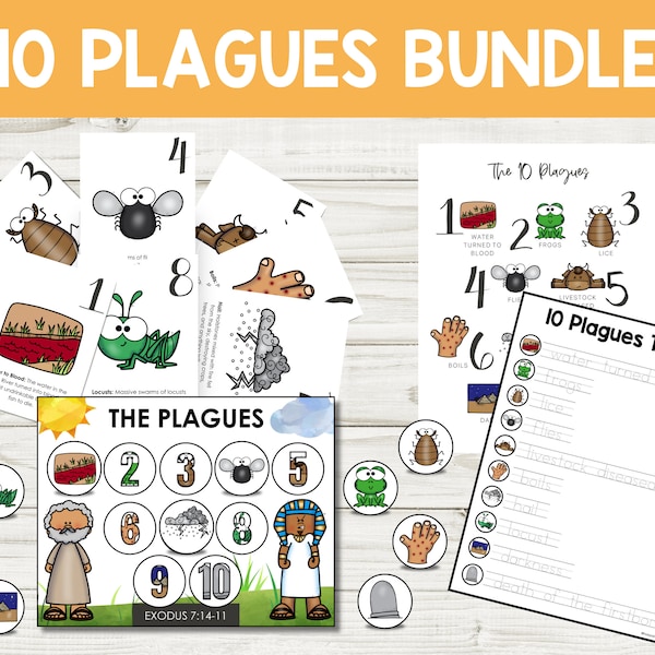 Bible Activity Bundle, Ten Plagues Matching Game, Flashcard, 3-Part Cards, Preschool Tracing Activities, Homeschool Printables