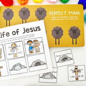 May include: A children's educational set featuring a book titled "Perfect Man" with illustrations of sheep, and cards depicting scenes from "The Life of Jesus." The set includes colorful pom-poms.