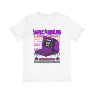 May include: White t-shirt with a purple and pink graphic of a computer with the text "Y2K VIRUS" on it.
