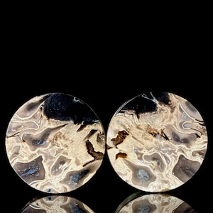 May include: Two round, polished stone plugs with a unique pattern. The plugs feature a mix of black, tan, and cream colors with intricate veining and swirls. The plugs are displayed against a black background.