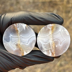 May include: A pair of circular, translucent stone plugs featuring a pale grey, banded agate pattern with a prominent, jagged, golden-brown mineral vein running vertically through the center of each piece, showcasing natural crystalline textures.