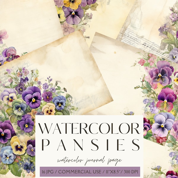 Vintage Watercolor Pansies Junk Journal Kit Beautiful Digital Paper Scrapbooking Printable Paper Ephemera Journal Pages Instant Download