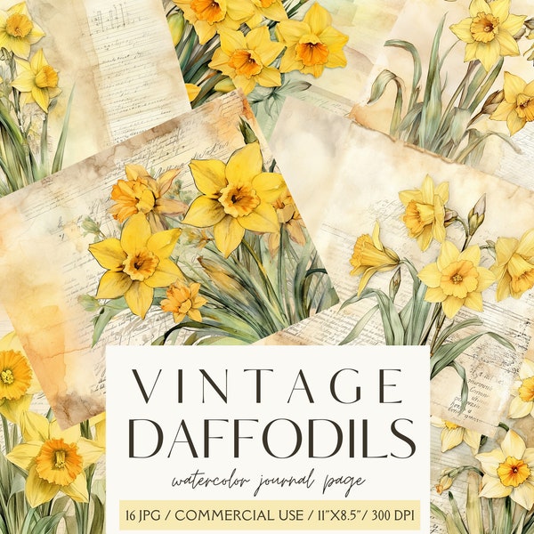 Vintage Watercolor Daffodils Junk Journal Kit Beautiful Digital Paper Scrapbooking Printable Paper Ephemera Journal Pages Instant Download