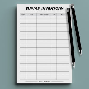 May include: A printable supply inventory list with columns for date, item, description, quantity, and note. The title "SUPPLY INVENTORY" is at the top of the page.