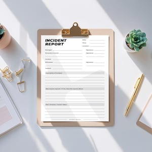 May include: A white incident report form with black text on a clipboard. The form includes sections for date, time, location, manager, personnel involved, witness, contact, and description of incident.