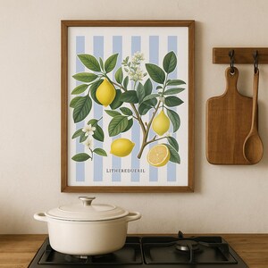 Lemon Botanical Wall Art, Vintage Citrus Plant Print, Mediterranean Kitchen Decor, Watercolor Lemon Tree Poster, Blue Striped Background Art