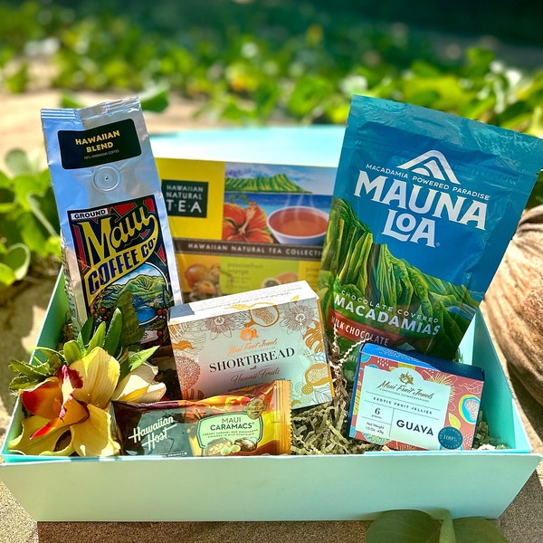 Hawaii Snack Box | Hawaiian Goodie Basket | Coffee and Tea Gift Basket | Chocolate Covered Macadamia Nuts | Cookies and Chocolate