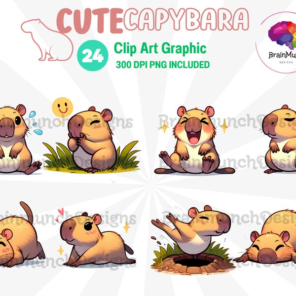 Cute Capybara Clipart, Kawaii Capybara  Doodle and Icons, Pet Illustration, Printable Stickers, Planner Supplier, Vector Clip Art Graphics