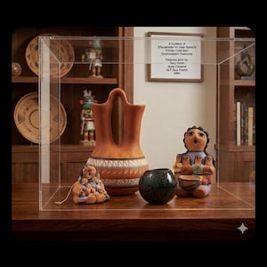 May include: A display case showcasing Southwestern treasures. The collection includes a large, orange-brown pottery vase, a small black bowl, and several ceramic figurines. The text on the sign reads "A Curation of [Placeholder for User Name]'s Private Collection: Southwestern Treasures."