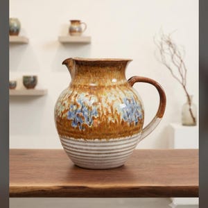 Vintage Mikael Carstanjen Pottery Pitcher | 1989 Cape Cod Studio Art | Handcrafted Ceramic Coastal Decor | Blue and Brown Glazed Stoneware