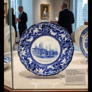 May include: Antique Flow Blue commemorative plate, circa 1890-1910, featuring a blue and white design with a central image of a building. The plate is displayed in a glass case, showcasing its intricate details and historical significance.