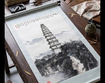 Vintage Chinese Watercolor Scroll Painting, Small Wild Goose Pagoda Xi'an Landscape, Original Asian Ink Wash Art, 38" x 23" Hand Painted