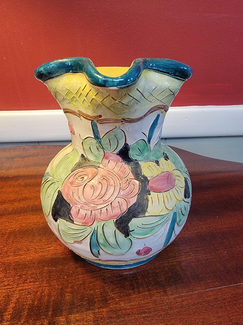 Mid Century Italian Deruta Pottery Hand Made and Painted Floral Pitcher ...