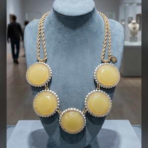 May include: A gold-tone necklace featuring five large, round, pale yellow cabochon stones, each bordered by a ring of small white beads and clear crystals. The necklace has a double-strand gold-tone chain and a small tag reading Vintage Banana Republic - Signed.