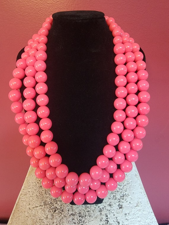 Vintage Costume Jewelry 3-strand Pink Beaded Neck… - image 1