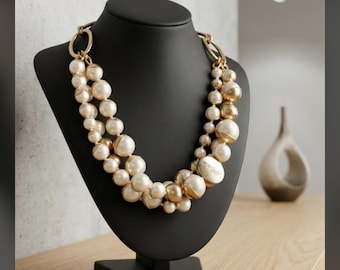 Vintage Plunder Design Statement Necklace Gold Tone Faux Pearl Multi Strand Bib Collar Jewelry