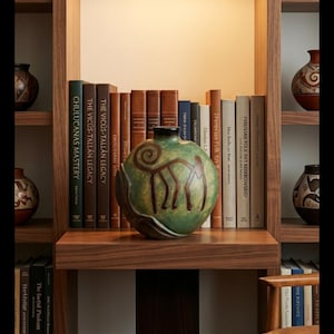 May include: A display of books and pottery on a wooden shelf. A green and brown ceramic vase with a tribal design sits in front of the books. The shelf is part of a built-in bookcase with a warm light.
