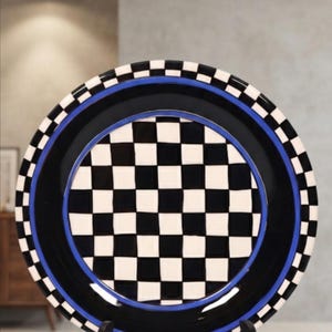 Vintage Lynda Corneille SWAK Checkered Charger Plate | 14" Black White Blue Harlequin Ceramic Serving Platter Signed Whimsical Art Pottery
