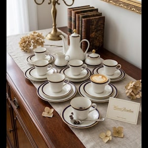 Może przedstawiać: Biały porcelanowy zestaw do herbaty z granatowymi obramowaniami, w tym filiżanki, spodki, czajniczek i cukiernica. Zestaw jest ustawiony na drewnianym stole z neutralnym bieżnikiem. Złoty świecznik i oprawione dzieło sztuki znajdują się w tle.