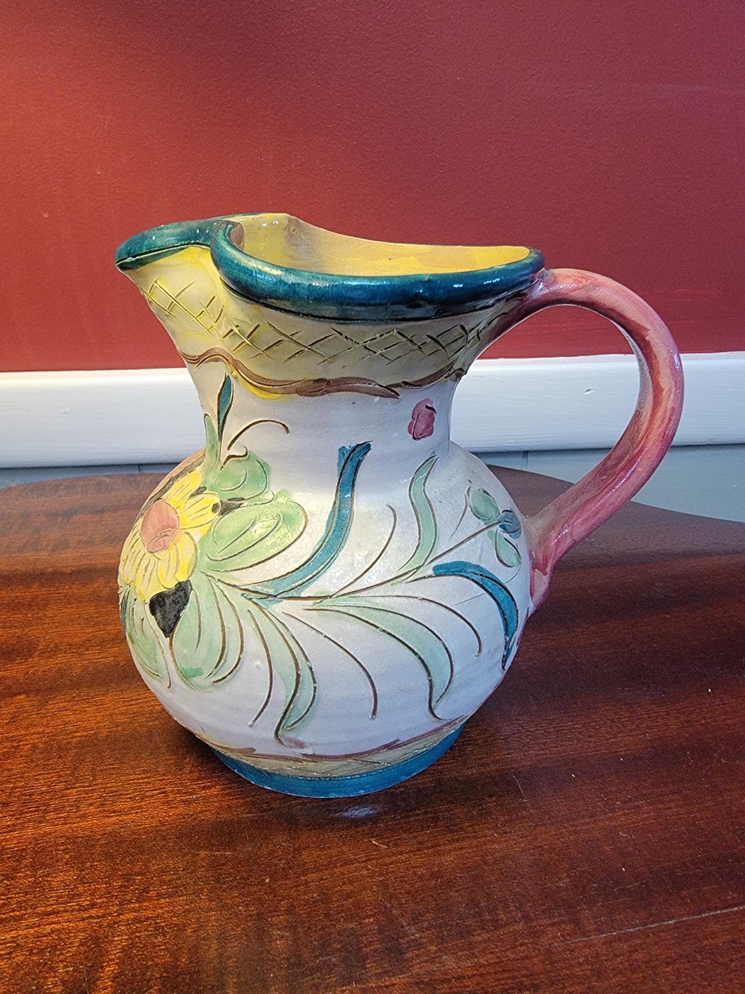 Mid Century Italian Deruta Pottery Hand Made and Painted Floral Pitcher ...
