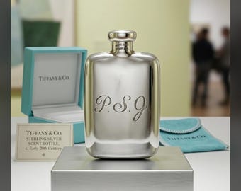 Vintage Tiffany and Co Sterling Silver Perfume Bottle Mini Pocket Scent Flask with Dauber, Monogrammed PSG Luxury Vanity Collectible 15.9g