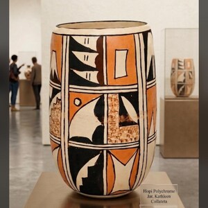 Vintage Hopi Tewa Pottery Vase by Kathleen Collateta | Hand Coiled Southwestern Polychrome Cylinder Pot | Native American Fine Art, 8 Inch