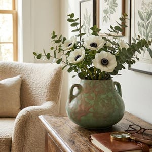 Antique Arts and Crafts Mottled Green and Pink Studio Pottery Vase - Double Handled Squat Ovoid Vase - Mission Style Decor - 4.75"