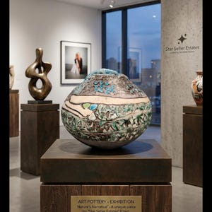 May include: An art pottery exhibition featuring a unique, handcrafted ceramic piece. The pottery is displayed on a wooden pedestal in a gallery setting. The piece has a textured surface with blue and green accents.