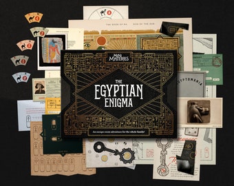 May include: A Mini Mysteries The Egyptian Enigma game box positioned amongst an assortment of game components such as paper documents, cards with camel illustrations, and printed sheets featuring Egyptian hieroglyphs, symbols, and text on a black background.