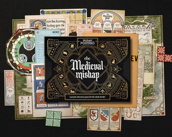 May include: A board game titled The Medieval Mishap with a black box featuring gold zodiac symbols and text. The game includes various illustrated paper documents, maps, and small square tiles with red and green patterns spread out underneath.
