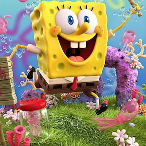 Pode incluir: Uma ilustração 3D vibrante de Bob Esponja sorrindo e segurando uma rede, cercado por águas-vivas rosa e bolhas. A cena se passa em um leito de grama verde com corais e flores, criando um tema subaquático lúdico.