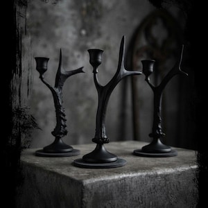 Peut inclure: Trois bougeoirs noir mat, chacun doté d'une base et d'une tige en forme de bois de cerf texturé. Le sommet de chaque tige comprend une petite coupelle conçue pour maintenir une bougie fine. Le design est uniforme pour les trois pièces.