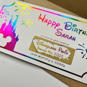 Disney Surprise Scratch Off Ticket – Personalised Magical Reveal Card – colourful Foil – Trip Reveal – Princess Birthday Gift Idea